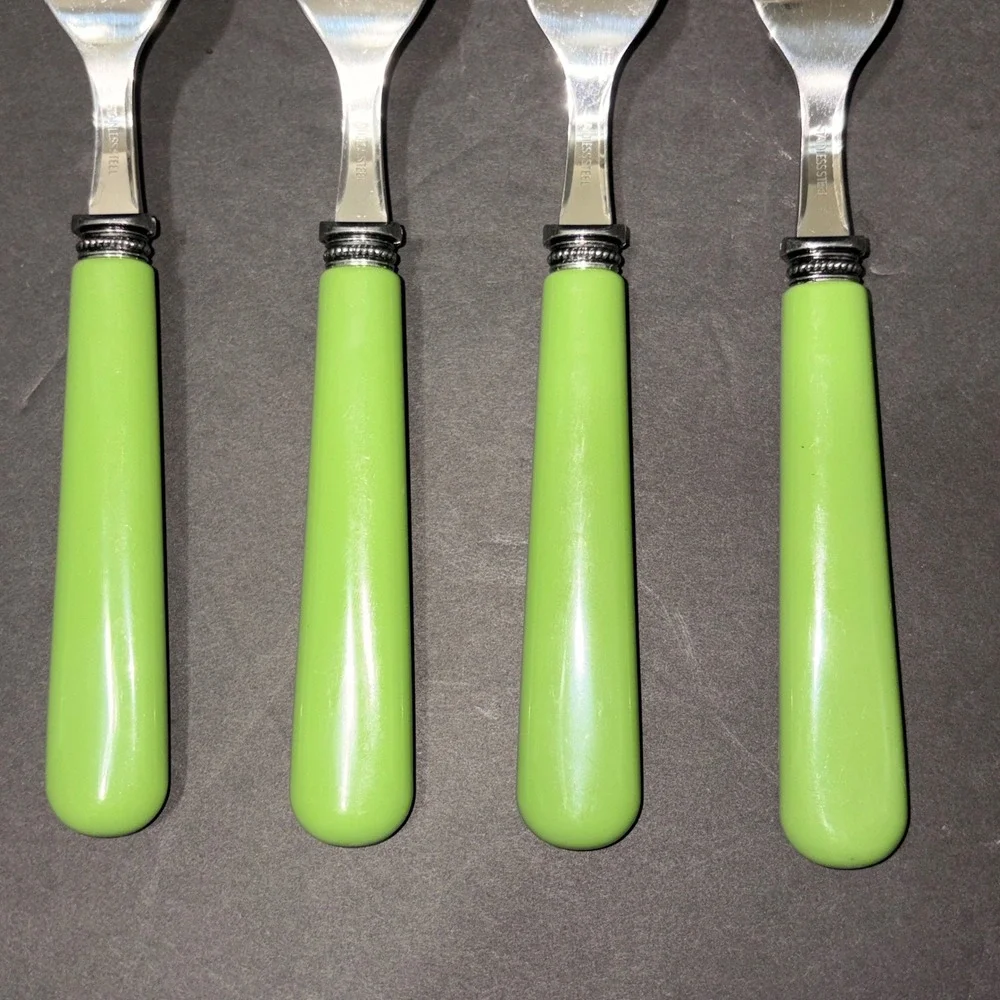 Set/4 Light Green Resin Handle Stainless Steel Dinner Forks Beaded Bolster 7.75